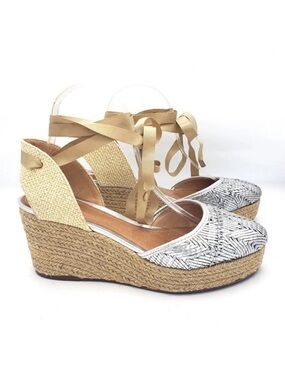 Schutz Espadrille Wedges Silver Woven Leather Ribbon Ties Platform Shoes 7 Boho